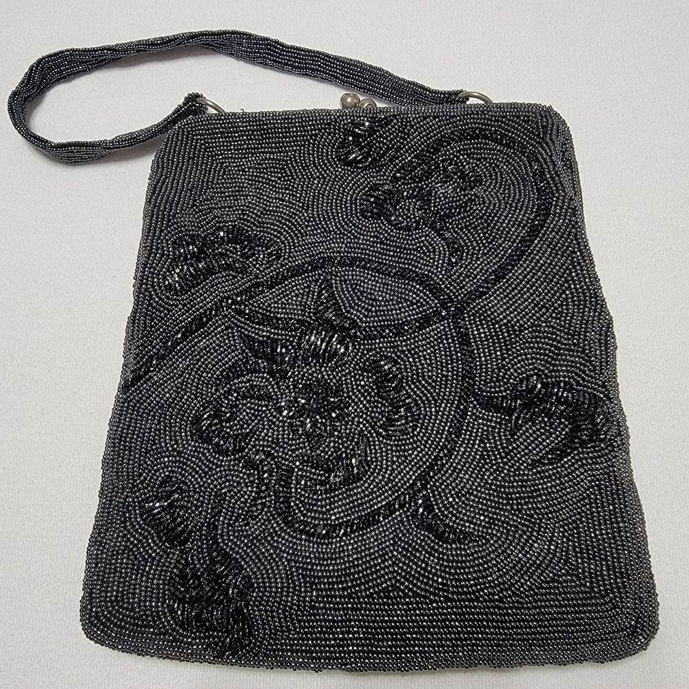 Vintage 50s Dark Grey Beaded Handbag handmade Clutch Purse Women Cocktail Party